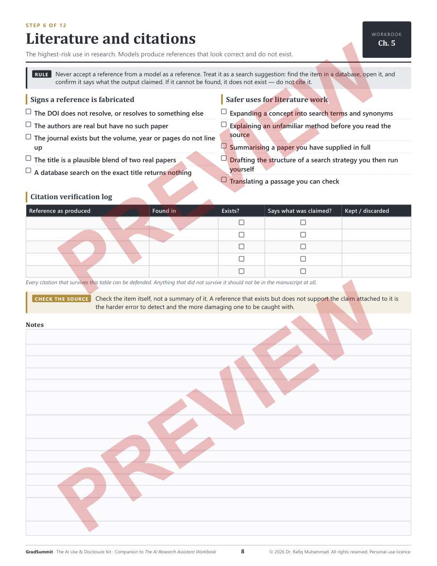 Worksheet for verifying references and citations