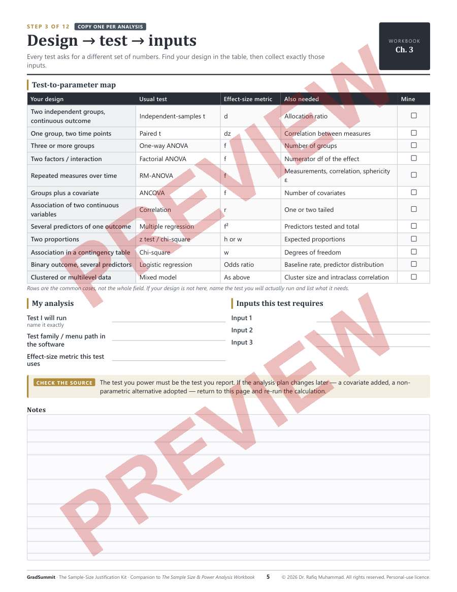 Worksheet mapping study designs to tests and inputs