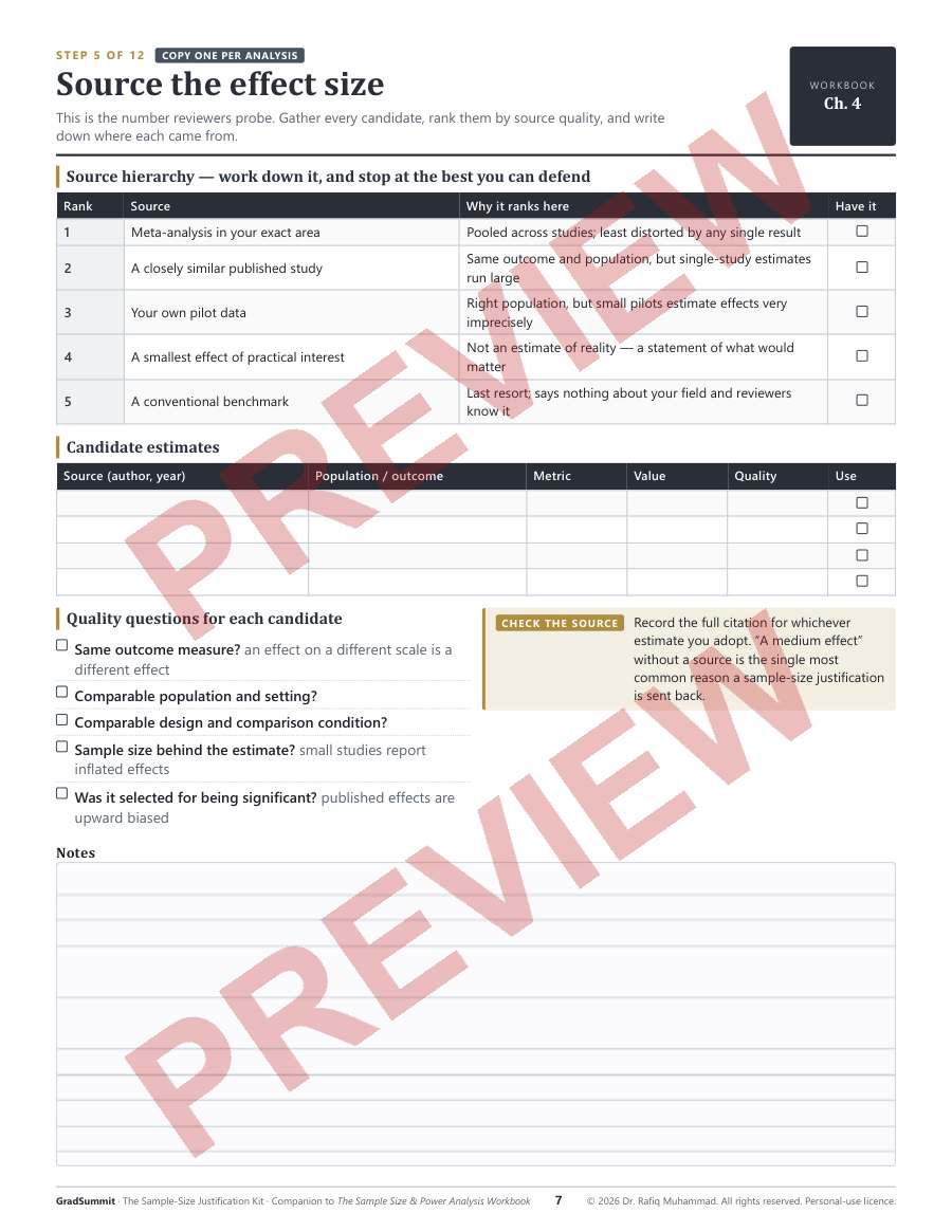 Worksheet for sourcing an effect size
