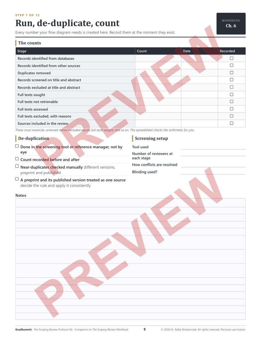 Worksheet for recording search and de-duplication counts